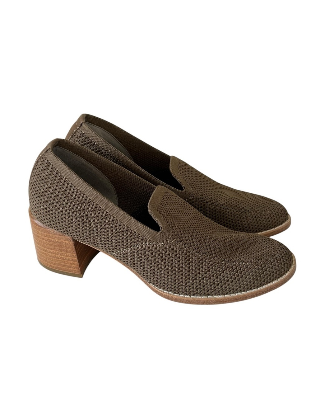 Eileen Fisher Dern Stretch Knit Block Heel Loafers Olive Grey Size 7.5